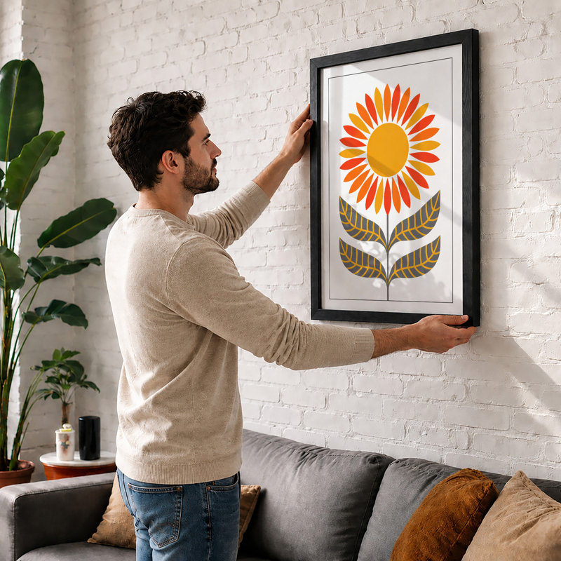 Golden Bloom Mid-Century - Framed Print, A2 - 59.4 x 42.0 cm, Black