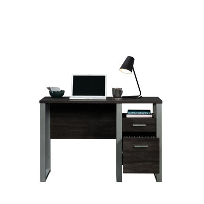 Bureau brun foncé avec un seul caisson compact pour étudier et travailler dans les petits espaces, tiroir de rangement avec butées métalliques, style moderne, finition noire, structure argentée thermolaquée, tiroir à glissement fluide, 45
