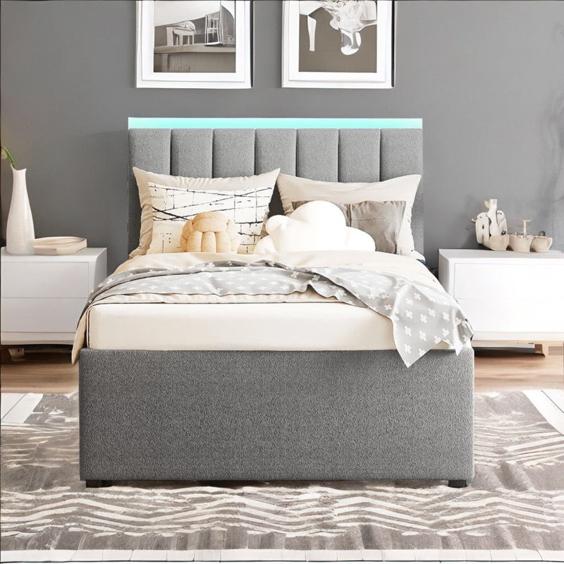 Lit plateforme tapissier Reyhan, Lit simple, Gris