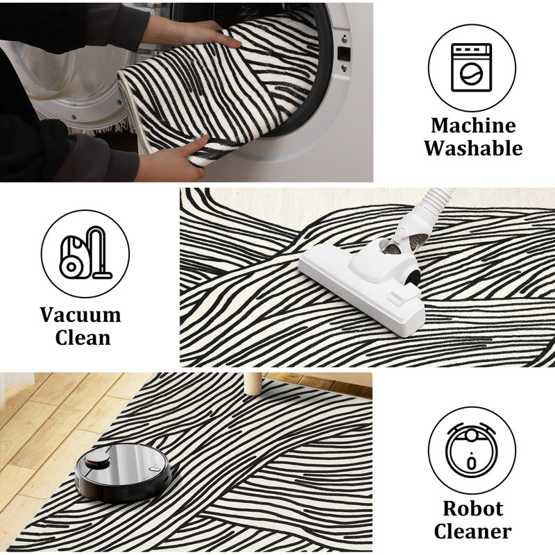 Washable Indoor Modern Abstract Area Rug Soft Low Pile Contemporary Throw Carpet Mat for Home Decor_White Black