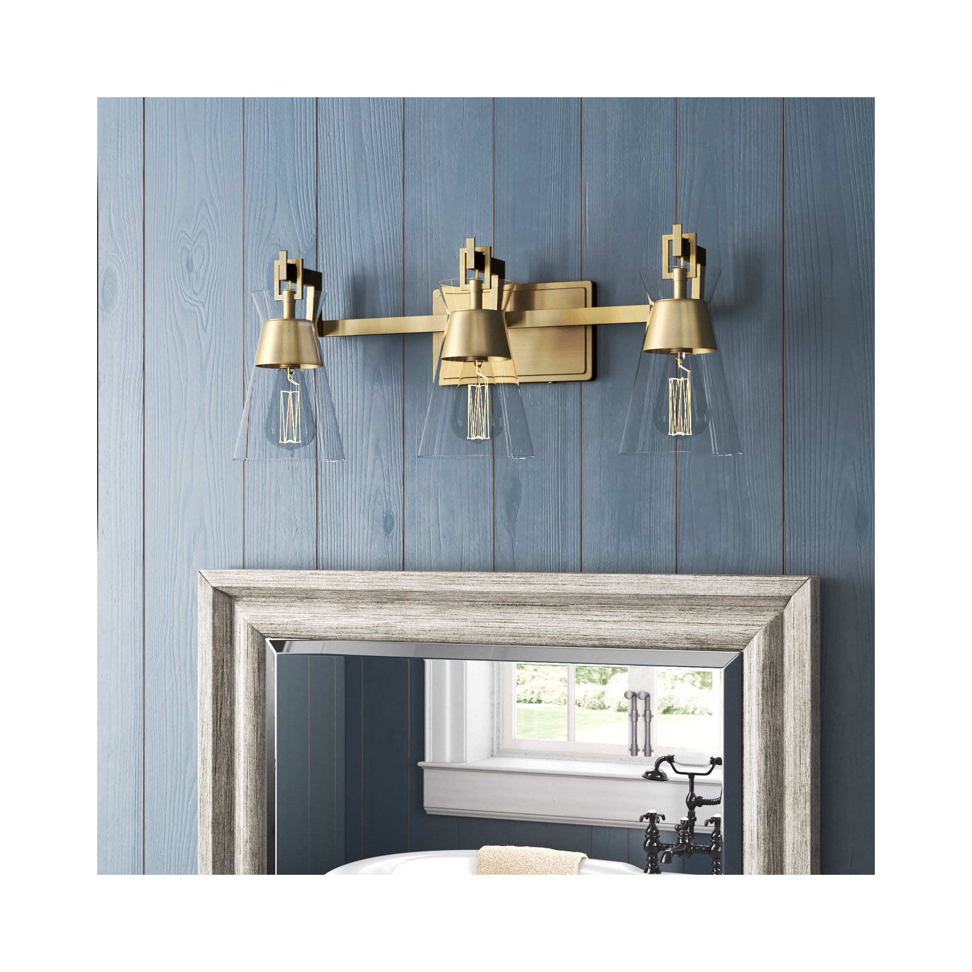 Kesia Bathroom Vanity Light, 9.5" H x 24" W x 24" D, 3 Lights, Brass