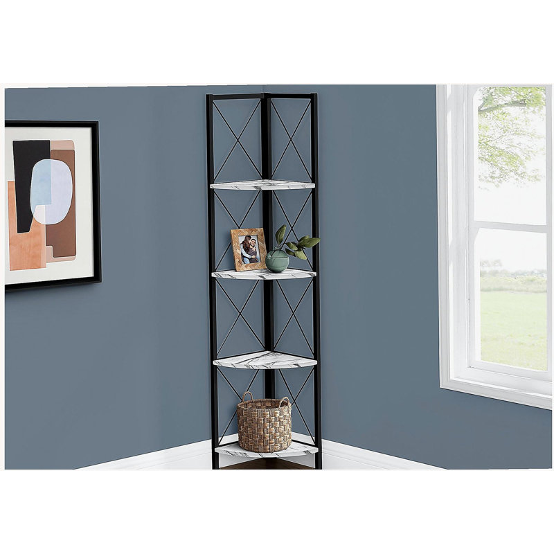 Bibliothèque d'angle à quatre couches avec tablette en éventail et structure en métal en forme de X, idéale pour les bureaux ou les chambres à coucher