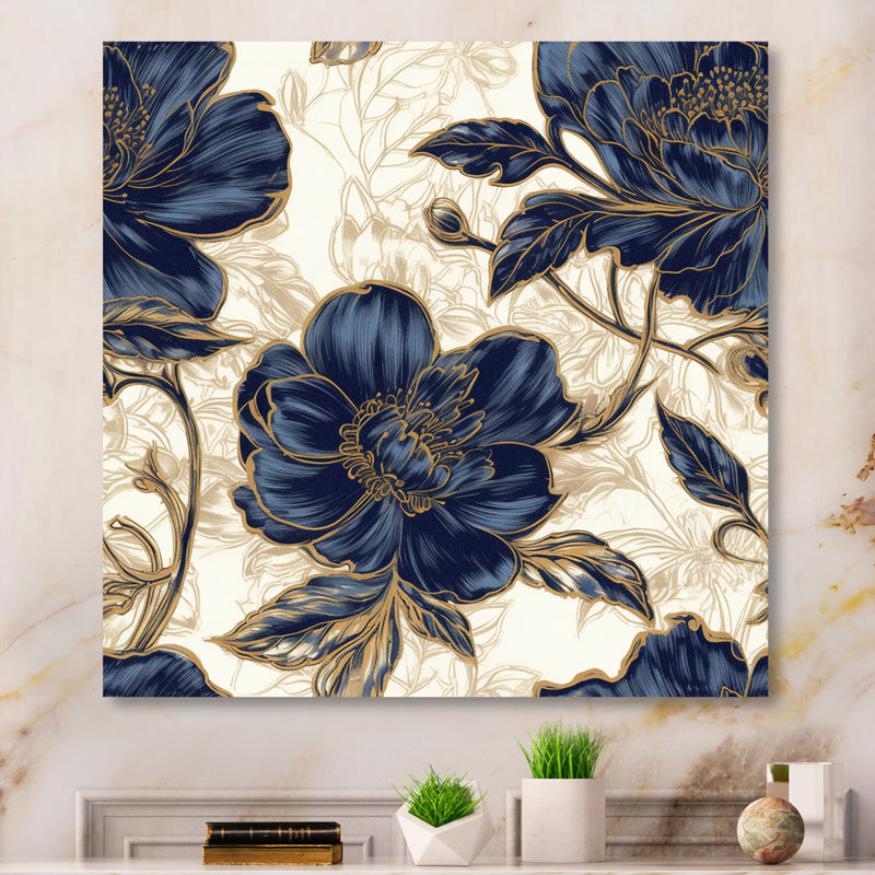 Décoration murale pivoines bleues et dorées célébration VII, H 30 po x l 30 po x P 1 po, Toile tendue