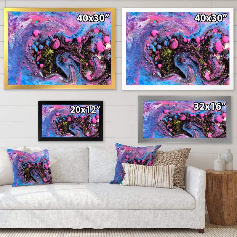 «Pink and Blue Luxury Abstract Fluid Art», reproduction sur toile, H 12 po x l 20 po, Toile à cadre d'angle fermé doré
