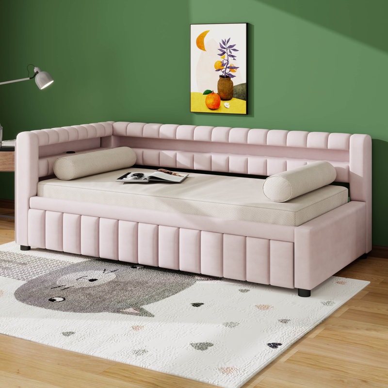 Lit de jour rembourré avec lumières DEL, ports USB et lit gigogne escamotable, convertible de taille simple TG à très grand