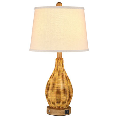23" Boho Rattan Table Lamp with USB Port, Natural Woven Nightstand Lamp for Bedroom