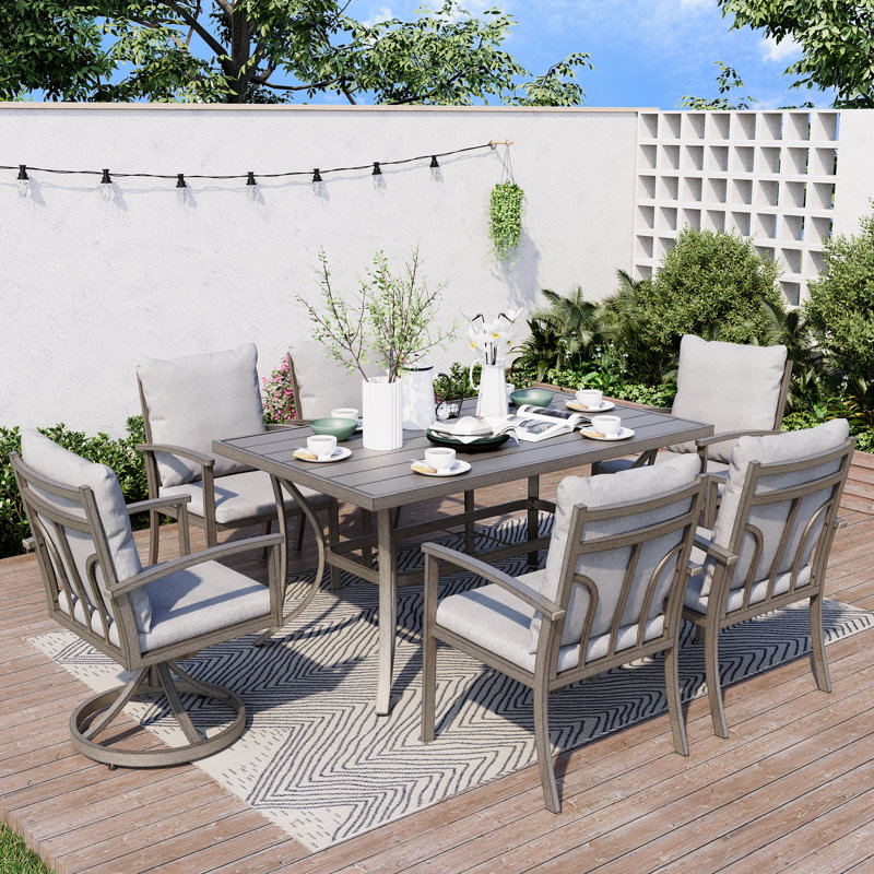 Mongeon Patio Dining Set Umbrella Hole Included Rectangular Table with Cushions Included, 6