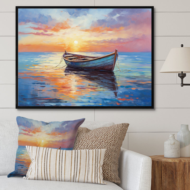 Impression de paysage marin en bateau I - Bateau, Cadre flottant noir, H 34 po x l 44 po x P 1,5 po