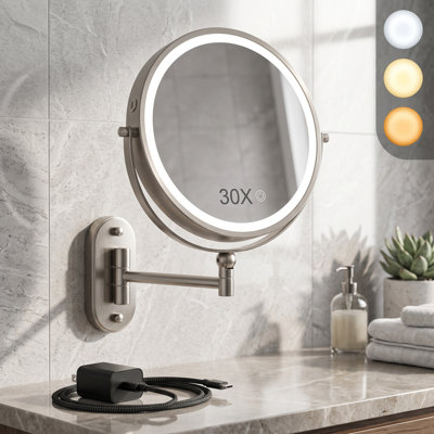 9 Inch Wall-Mount Illuminated Cosmetic Mirror, 4000mAh Rechargeable Two-Sided 1X/30X Magnification Mirror with Lighting, Touch Dimmable, 360° Swivel Extendable Arm, 3 Adjustable Light Shades