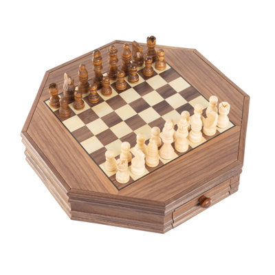 Octagonal Chess Set - Wooden Chessboard with 2 Storage Drawers and Carved Staunton Pieces - Classic Board Game for Kids and Adults by Trademark Games