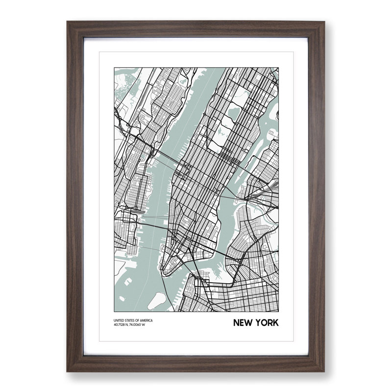 Map New York USA - Picture Frame Graphic Art, 36cm H x 27cm W x 2cm D, Walnut