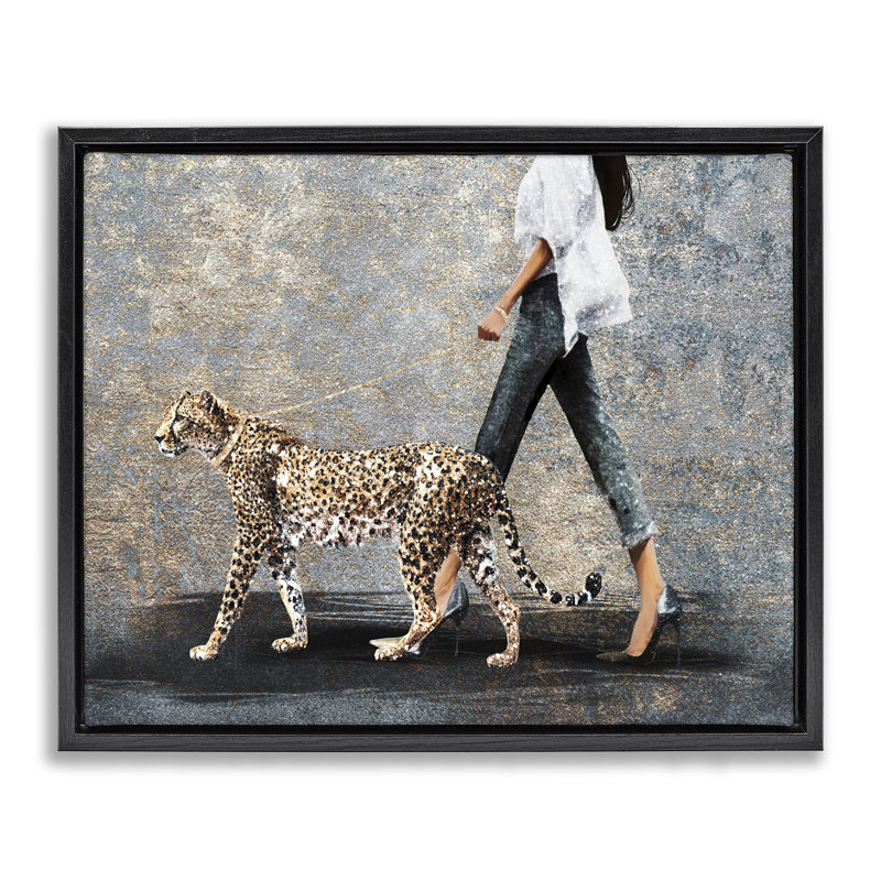 «Trendy Woman with Leopard» par Svetlana Aleynikova, H 25 po x l 31 po, Cadre flottant noir de jais