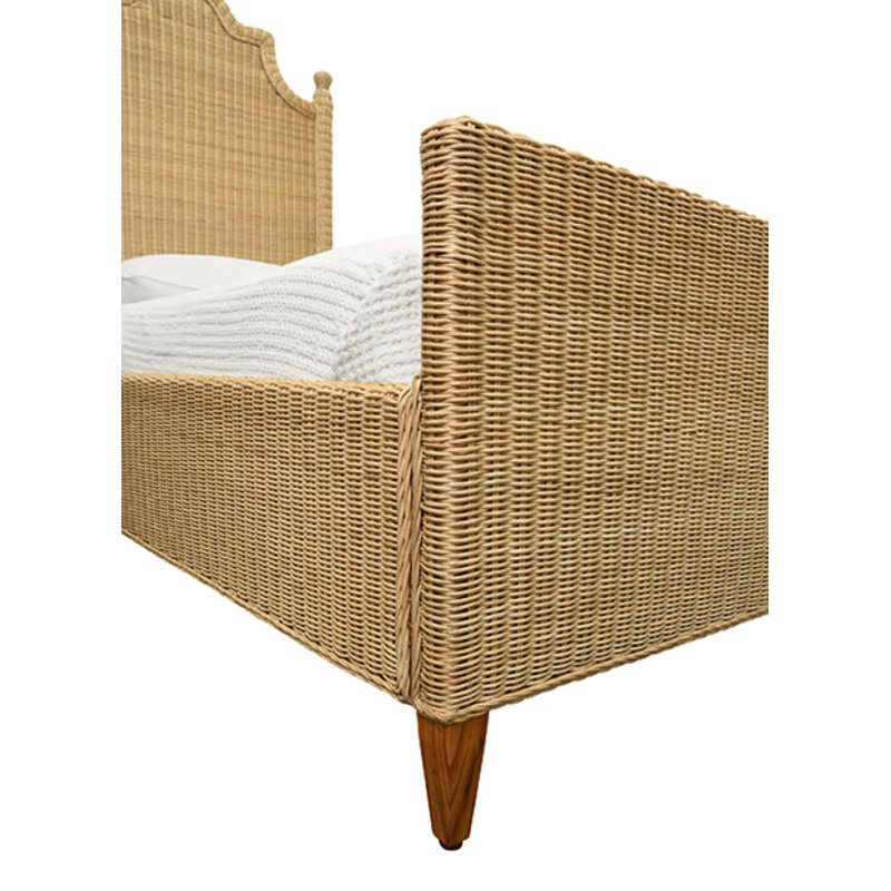 Bed Frame with Arched Headboard, Side Rails, and Footboard in Rattan with Wood Feet, Twin