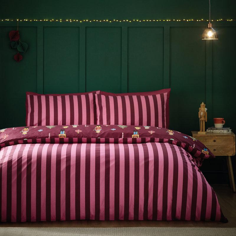 Christmas Nutcracker Stripe Reversible Duvet Cover Set, Kingsize Duvet Cover + 2 Standard Pillowcases