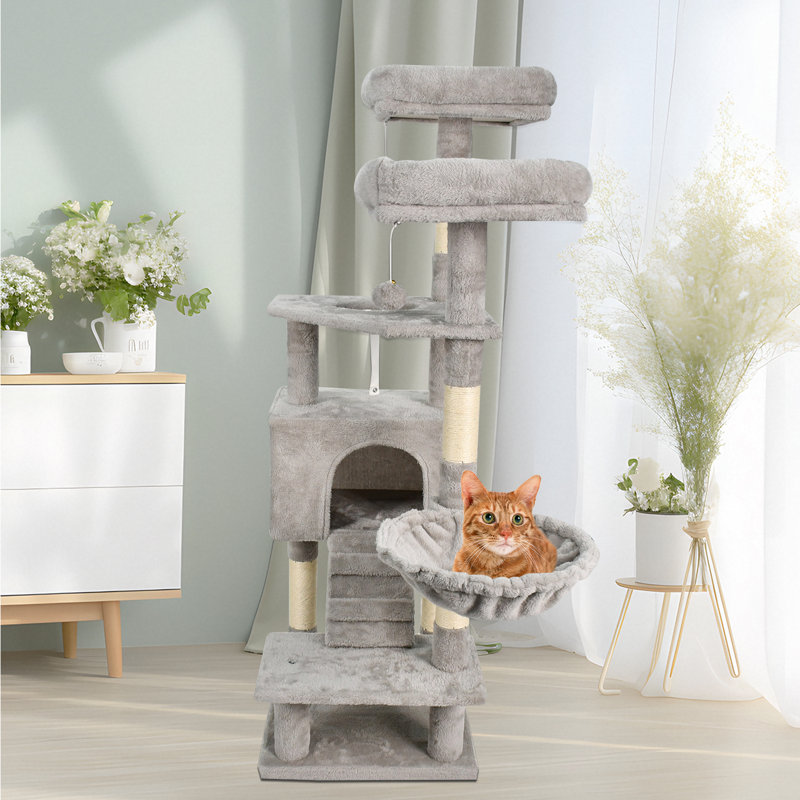 Arbre à chat et condo en fausse fourrure multi-niveaux 65 po GOOPAWS, gris foncé