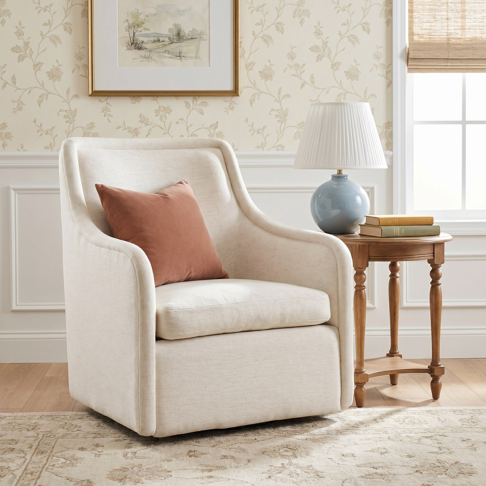 Mortola Pine Swivel Wingback Chair, Crypton Nomad Snow