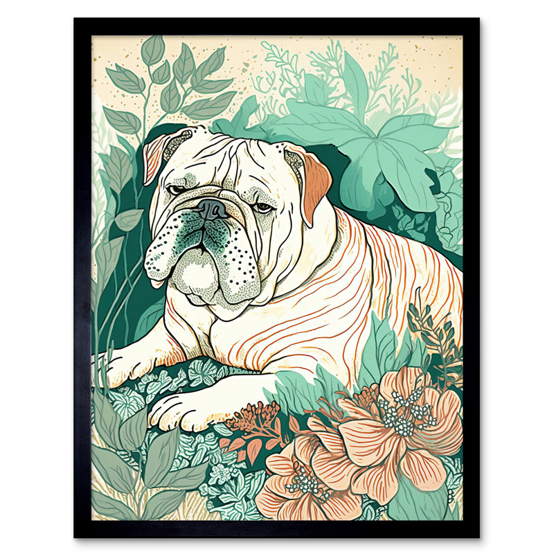 Bulldog Lying In A Flower Field Modern Pastel Colour Linocut - Single Picture Frame Print
