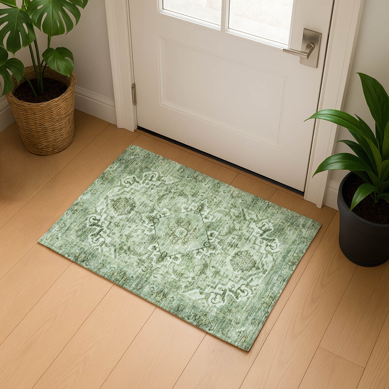 Premium Machine Washable Mayfield AMF2164 global Rug, Rectangle 1'8" x 2'6", Aloe