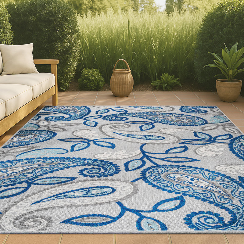 Nidavellir Paisley High-Low Blue/Light Gray Indoor/Outdoor Rug, Rectangle 5'3" x 7'7"