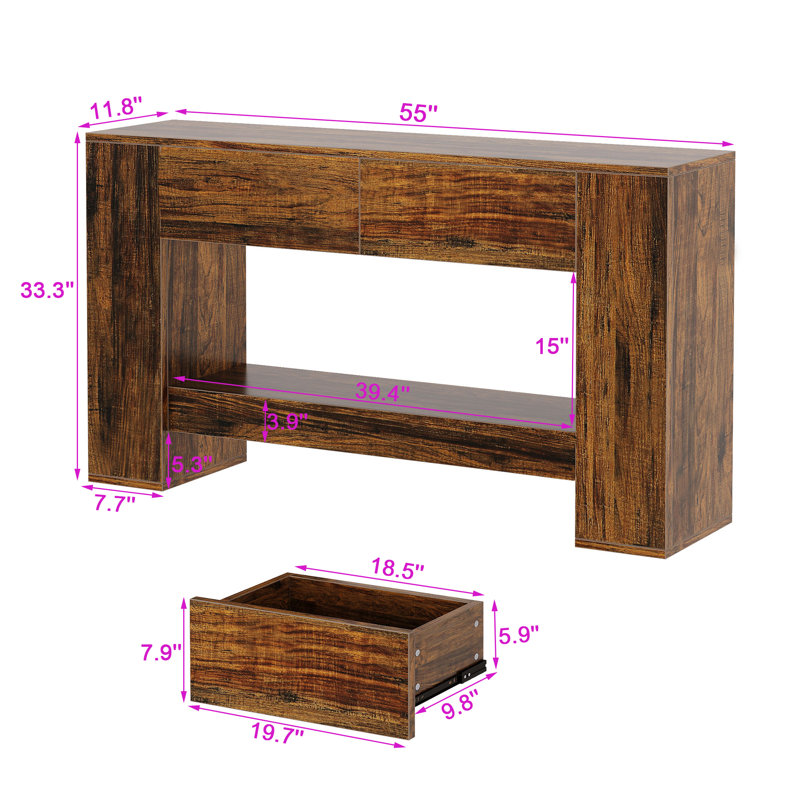 Console 55 po, canapé à 2 niveaux en bois avec 2 tiroirs