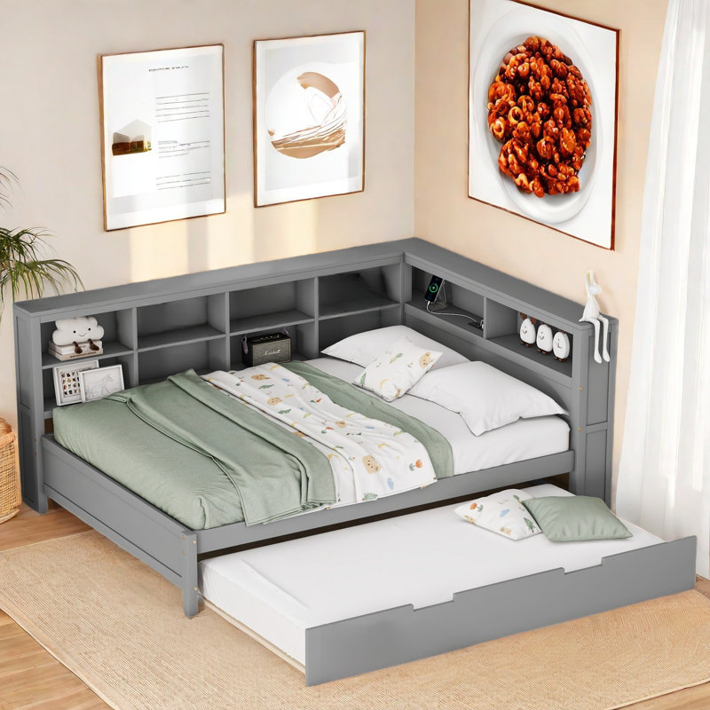 Wooden Daybed With Trundle, Storage Shelf And Usb Charging Ports, Gray, Full / Double