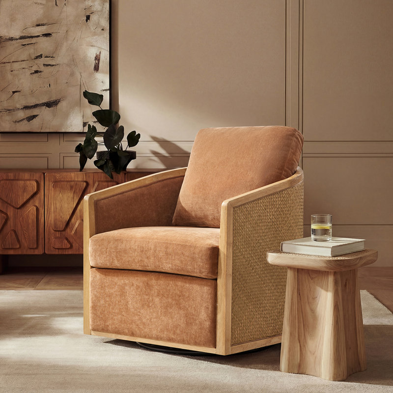 Coray 30.25'' W Modern Farmhouse Rattan Swivel Chair with Fully Assembled, Caramel