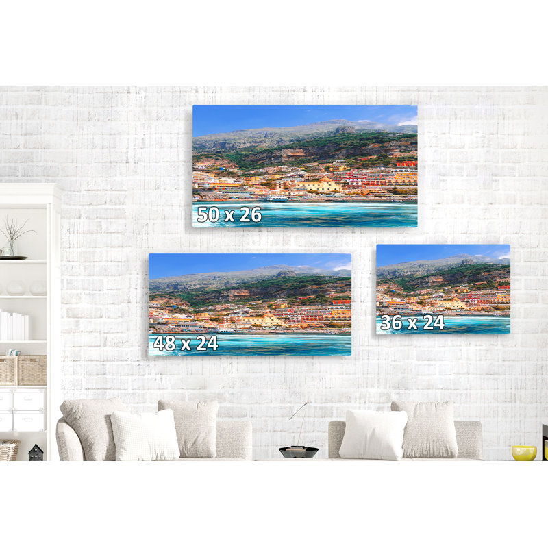 Côte méditerranéenne, Italie, coloré, montagnes, eau bleue, ciel, H 48 po x l 24 po x P 1,5 po