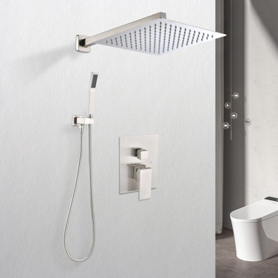12" Rain Shower Head Wall Mount - Brushed Nickel, Brass, Self-Cleaning Nozzle For Continuous And Unclogged Water Flow, American Standard Pipe Mounted Smooth Connection