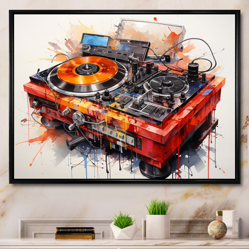 Abstrait, platines tournantes musicales, "Boom Boxes II" sur toile, Cadre flottant noir, H 30 po x l 40 po x P 1,5 po