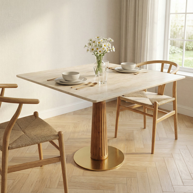 33.5'' Sintered Stone Solid Wood Square Dining Table, Beige