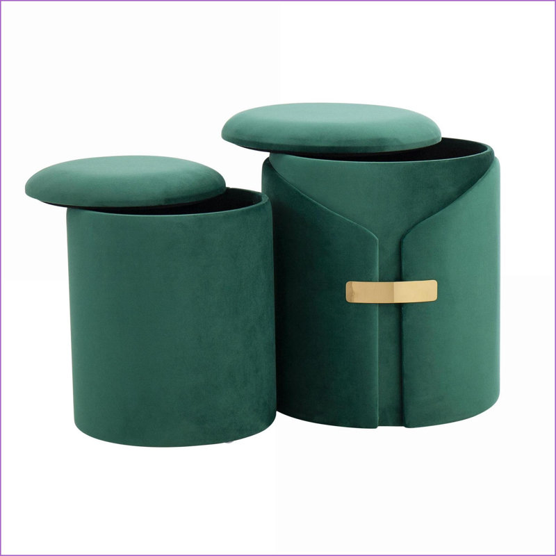 Ottomans Contemporary/Glam Nesting Set with Gold Metal Accents, Sage Green Velvet | Green | Velvet, Green