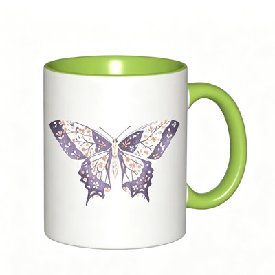 A Single Purple And Golden Butterfly Floral Design Ceramic Mug, Perfect for Coffee, Tea, Or Milk.