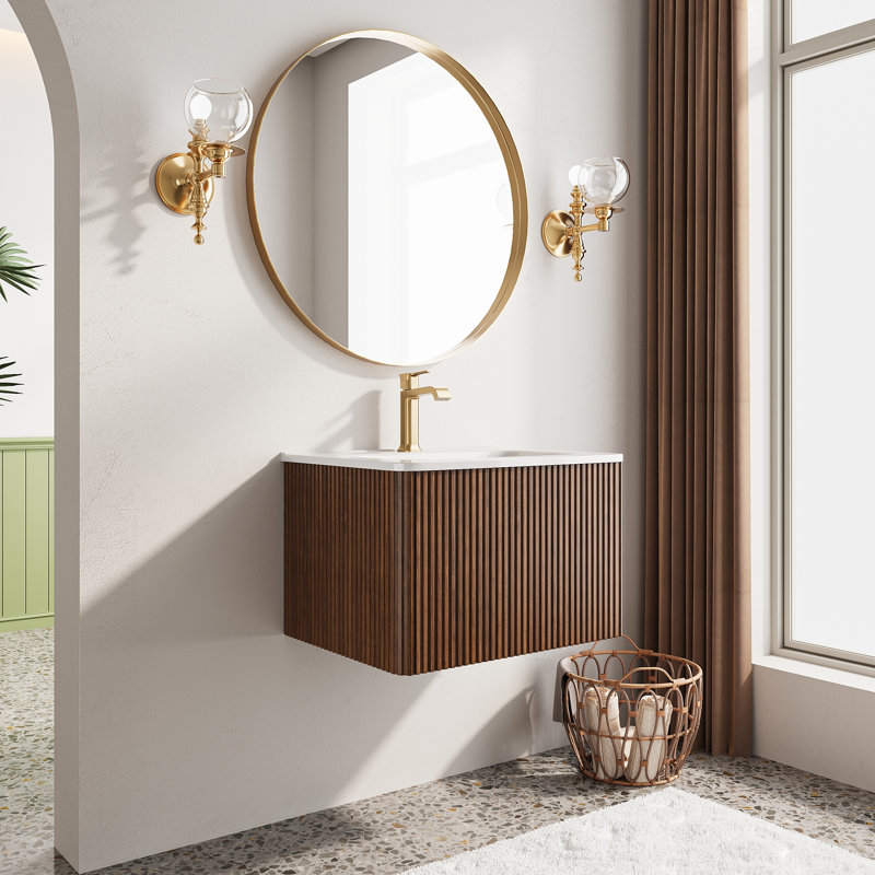 Meuble-lavabo simple mural et flottant avec lavabo en céramique, Noyer, 24"