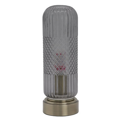 11.6" Smoky Gray Ribbed Glass Touch Table Lamp with Warm Ambient Glow and Antique Brass Base for Bedroom Nightstands, Living Rooms, and Entryway Consoles