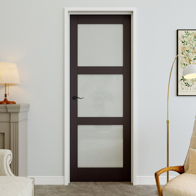 30" x 80" 3-Lite Black Frosted Glass Interior Prehung Door with Curve Lever and Silver Hinges, Privacy Glass Door Slab, Sound-Dampening & Waterproof, Suit for Laundry, Closet Doors, Room Doors, Right Hand