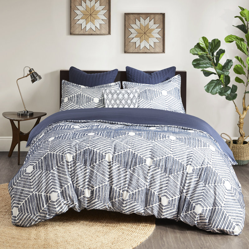 Housse de couette en coton très grand / très grand - motif géométrique bleu marine avec dossier uni, coton, motif 2 taies décoratives, revers, attaches de coin, literie de luxe