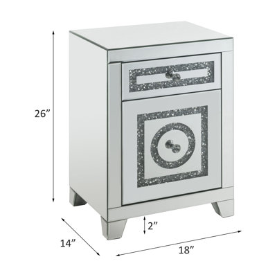 Mirrored & Faux Diamonds Accent Table, 2 Drawers, 18" Width, Build Table With Practical Drawers - Metal + Synthetic Wood, 46lb