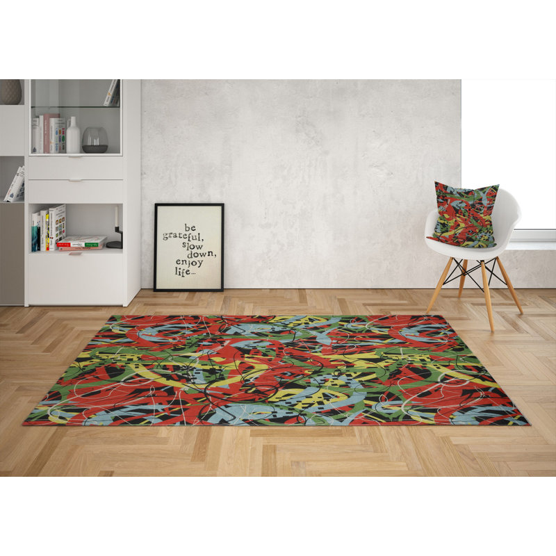 Tapis tissé de qualité supérieure, 5,2 x 7,5 pi, 100% polyester, antibactérien, antidérapant, hauteur des poils de 0,3 po | Lavable à la machine, impression numérique 3D | Parfait pour le salon, la chambre à coucher et le bureau