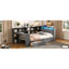 Lit double en bois avec plusieurs unités de rangement, charge, DEL, bureau et cadre de tête de coussin rembourré gris élégant, station de charge, tête de lit confortable-121077159-121077157