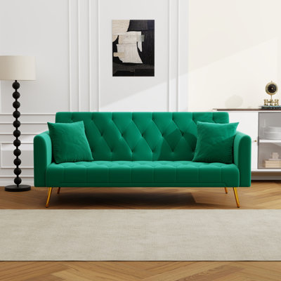 Futon de canapé-lit 71 po en velours moderne, canapé-lit convertible avec dossier réglable, causeuse inclinable capitonnée avec pieds chromés dorés et 2 coussins pour les petits espaces, salon, appartement