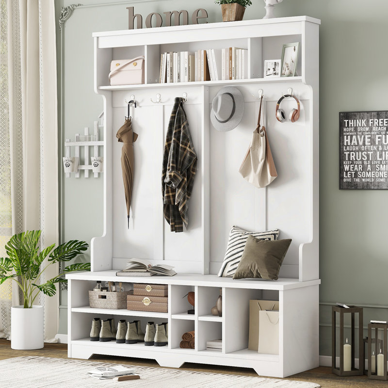 Hall Tree With Metal Hooks And Storage Space, White