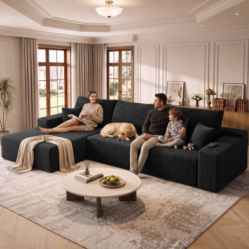Canapé modulaire 108 po pour salon modulaire en L en tissu de velours côtelé désossé avec méridienne, Noir