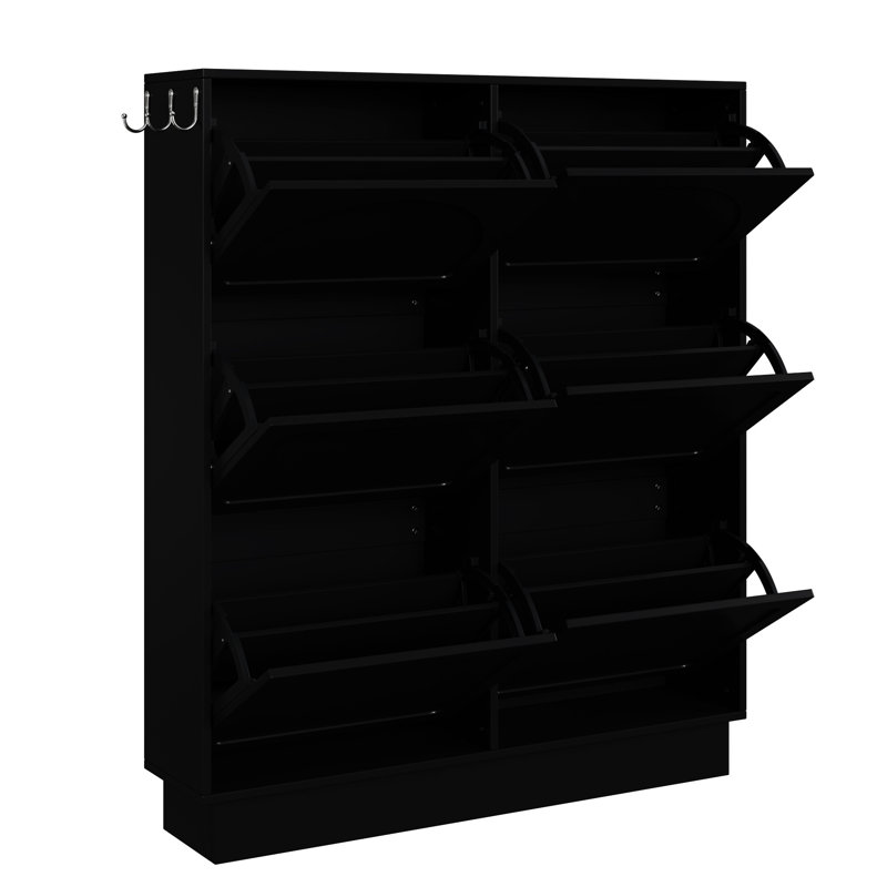 Armoire à chaussures moderne et élégante noire étroite, 6 tiroirs rabattables, tablette réglable, 3 crochets, peu encombrante pour le rangement de style crème