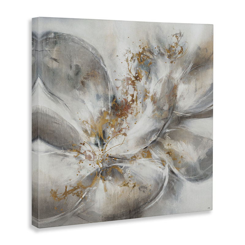 «Abstract Flower Bloom Gray Gold», reproduction d'art, H 17 po x l 17 po, Giclée encadrée blanc bord de mer