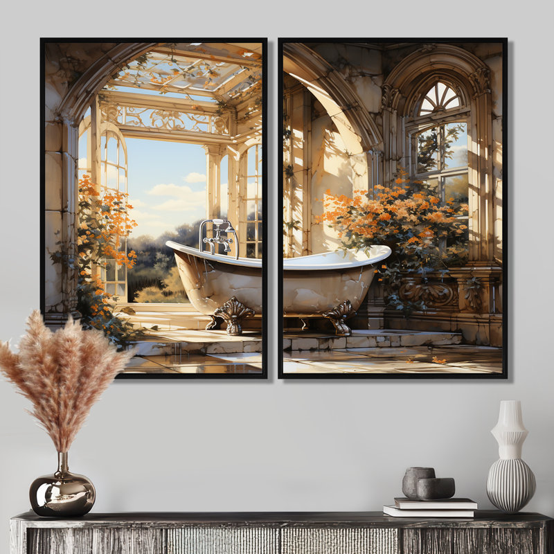 Bathroom Golden Luxe I - Blue Traditional Art Prints On Canvas, 36" H x 48" W, Framed Print without Mat, Black