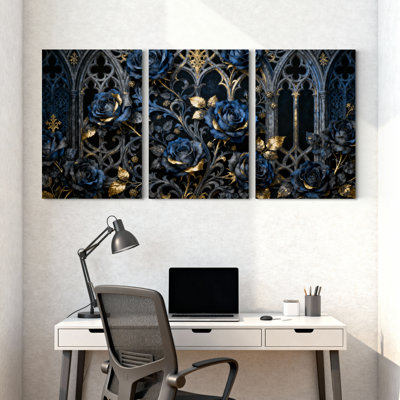 Plantes et fleurs, roses bleues, feuilles dorées, ensemble de 3 impressions sur toile