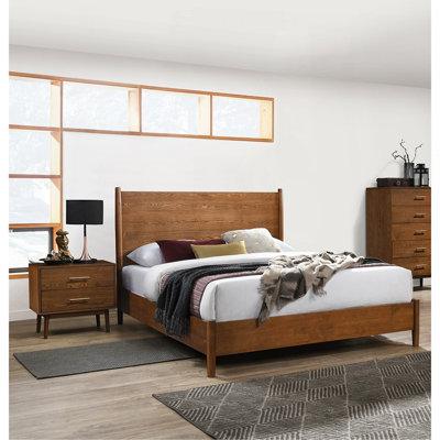 Walnut Colour Panel Headboard 3Pc Bedroom Set Eastern King Size Bed 2X Nightstands Wooden Mid-Century Modern Style