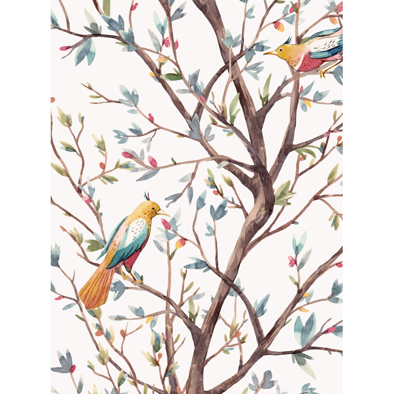 Papier peint adhésif, aquarelle, vignes et oiseaux, L 96 po x l 48 po