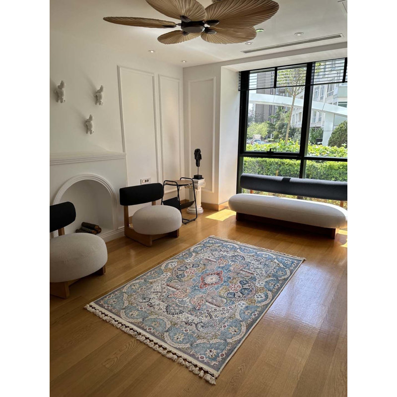 Coton à imprimé numérique oriental bleu Toscana Tapis chenille antidérapant, Rectangle 6 pi 7 po x 11 pi 6 po