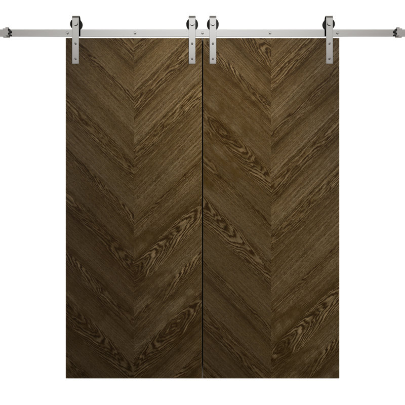 Porte de grange double moderne 84 x 96 pouces Ego 5005 Chêne marbré, rail argenté de 14 pieds, portes intérieures à panneaux pleins